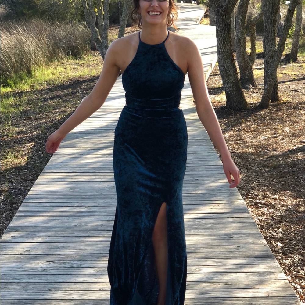 Morgan & Co. Blue Halter Slit Maxi Dress